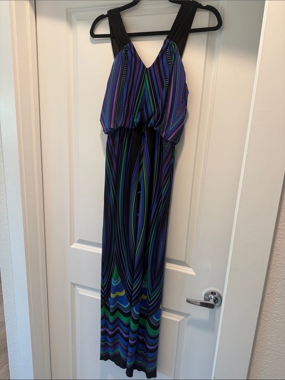 Sleeveless V-Neck Maxi Dress in Blue & Green Stripe